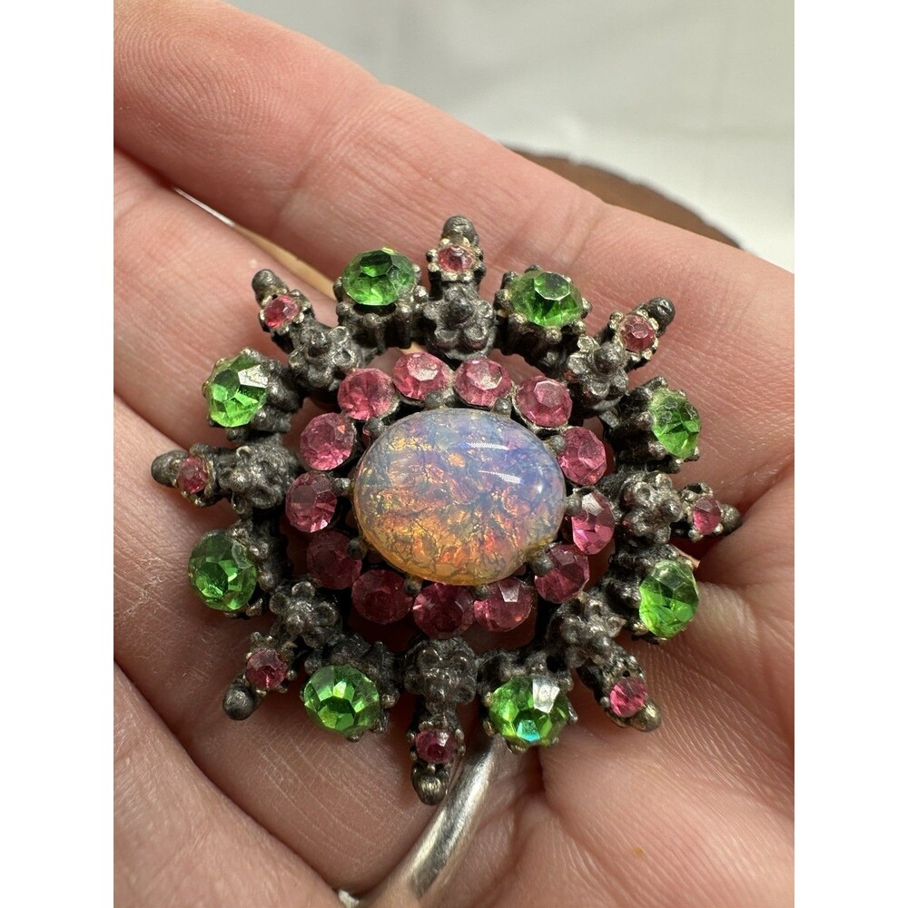 Coro Opal Brooch Flower Burst Rhinestone Signed - Marked Vintage